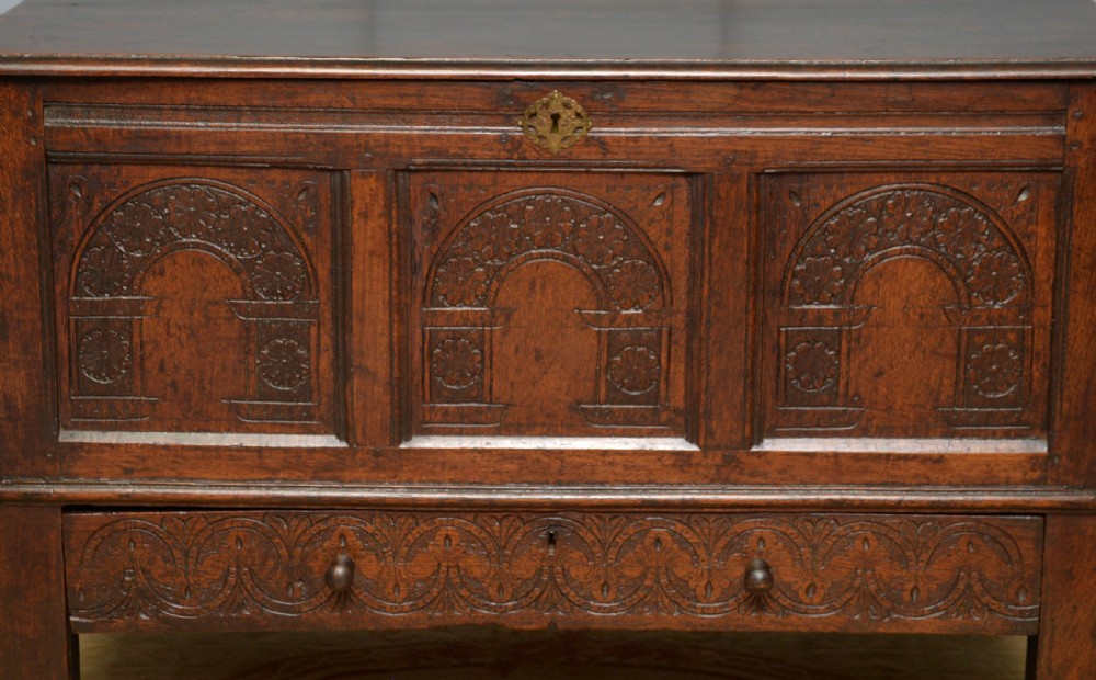 Charming 17th Century Carved Oak Mule Chest View VI
