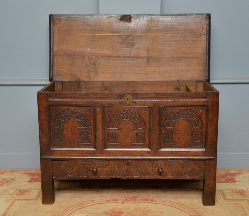Charming 17th Century Carved Oak Mule Chest View VII