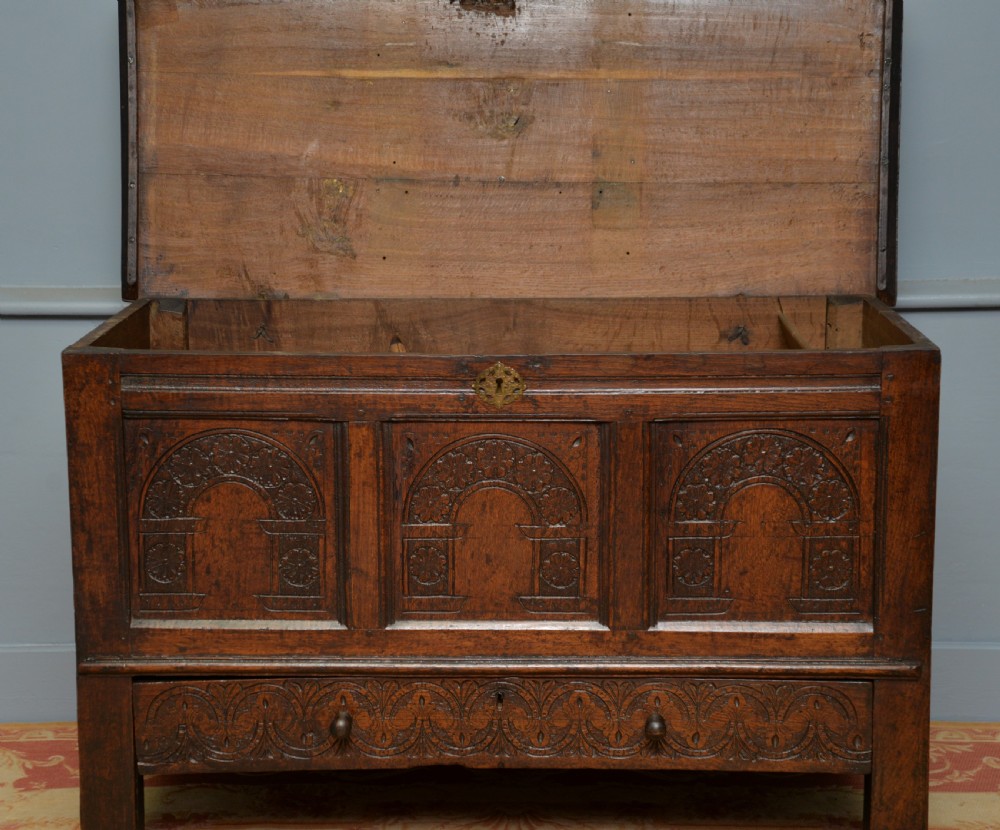 Charming 17th Century Carved Oak Mule Chest View VIII