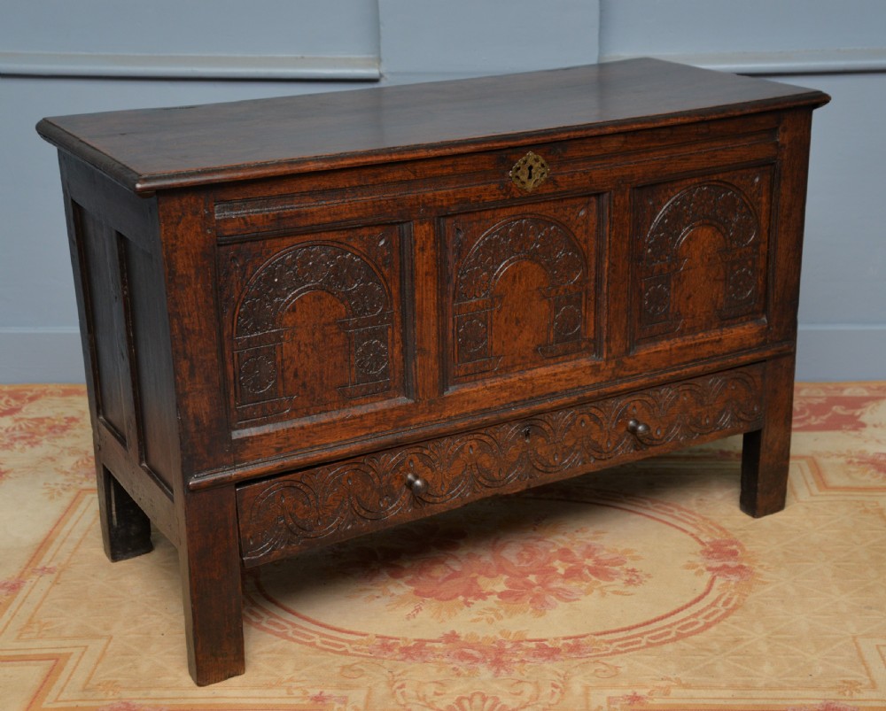 Charming 17th Century Carved Oak Mule Chest View IX