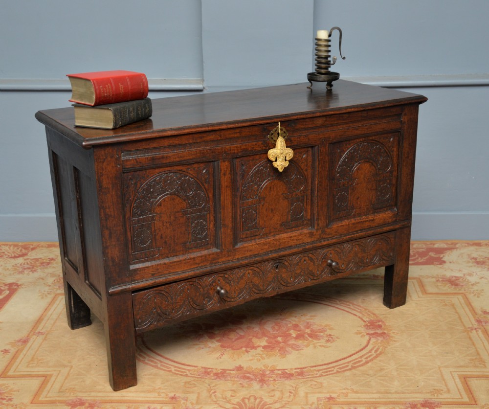 Charming 17th Century Carved Oak Mule Chest View X