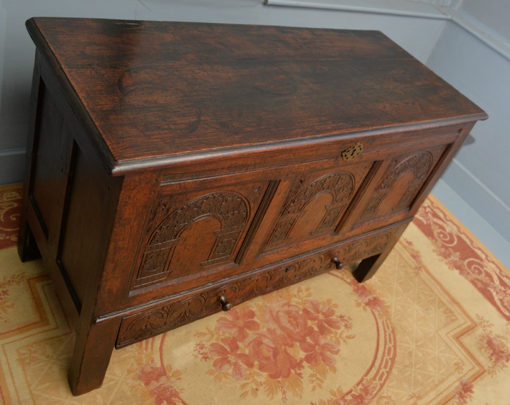 Charming 17th Century Carved Oak Mule Chest View XV