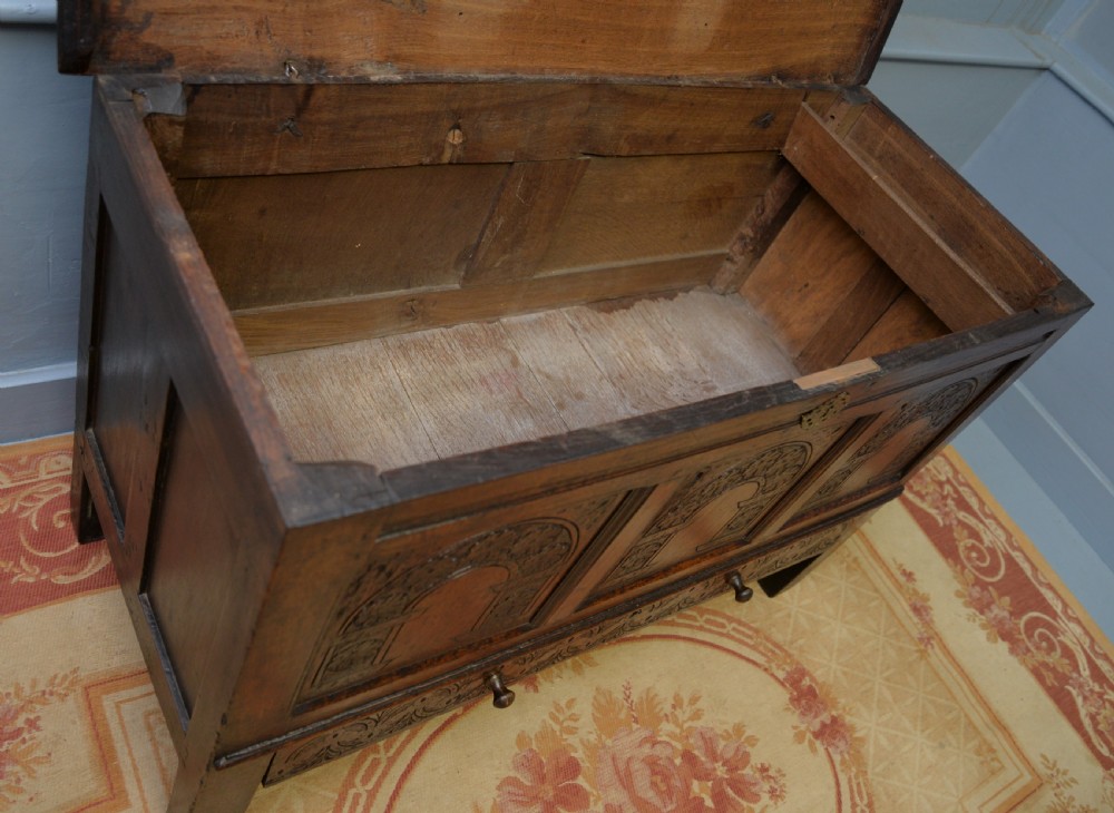 Charming 17th Century Carved Oak Mule Chest View XVII