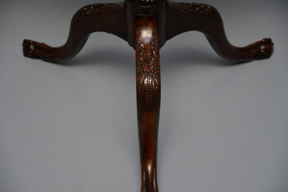 An 18th-century George III mahogany tripod table featuring a circular pie-crust rim, carved turned column, and cabriole legs ending in claw and ball feet. View XXI