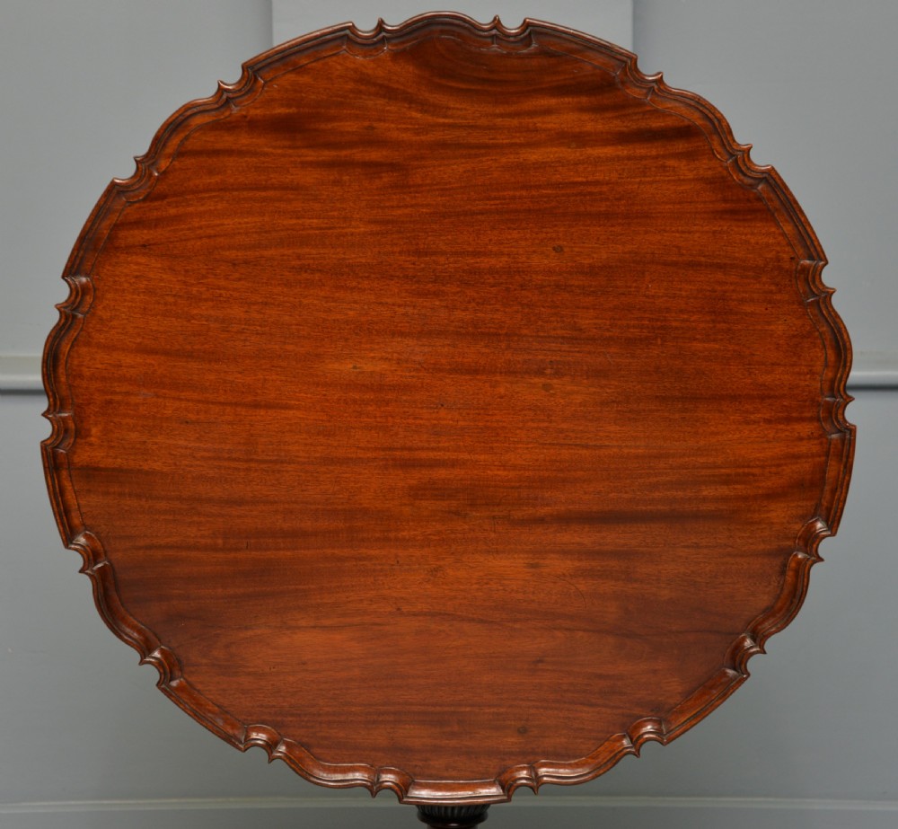 An 18th-century George III mahogany tripod table featuring a circular pie-crust rim, carved turned column, and cabriole legs ending in claw and ball feet. View XXVII