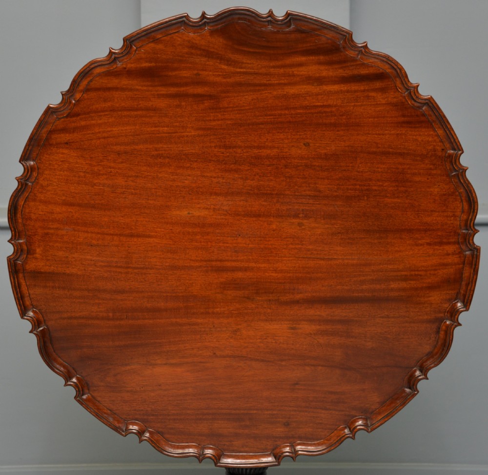 An 18th-century George III mahogany tripod table featuring a circular pie-crust rim, carved turned column, and cabriole legs ending in claw and ball feet. View XXVIII