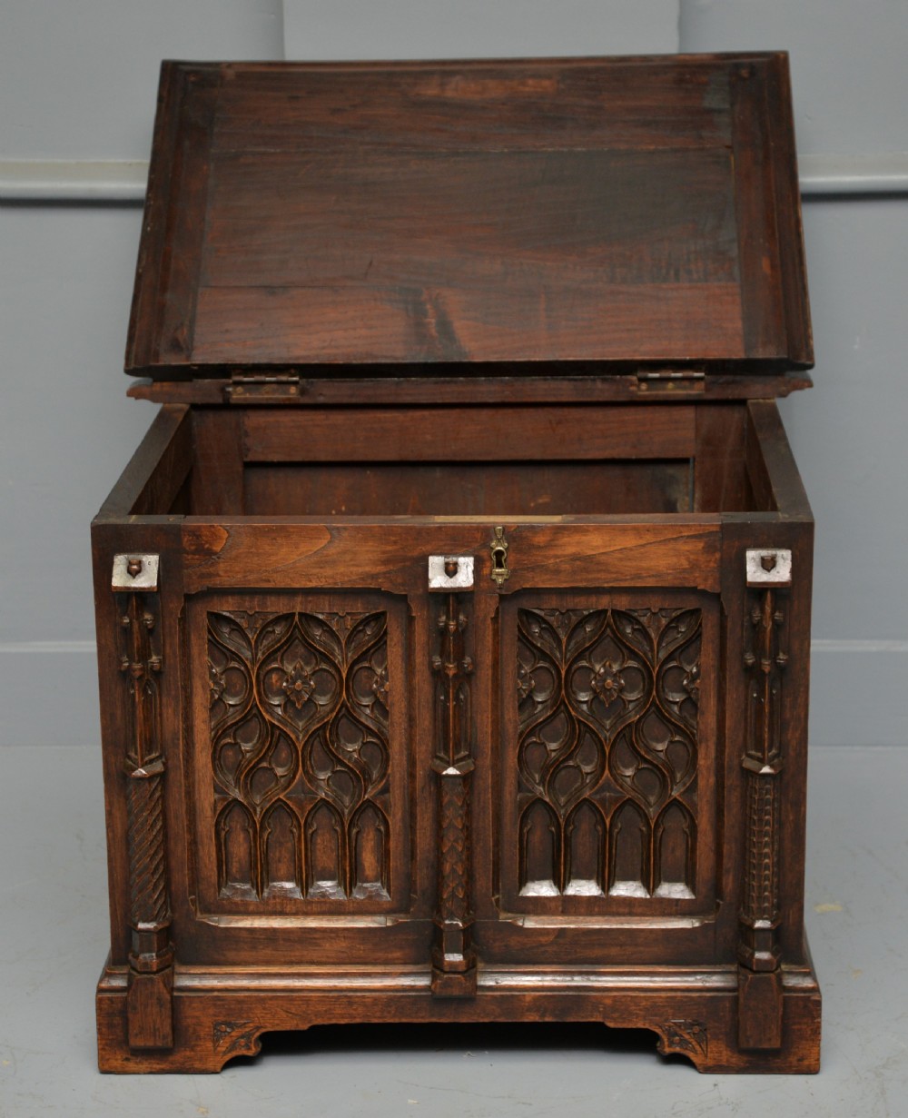 Charming Gothic Revival Carved Oak Chest Box View IX