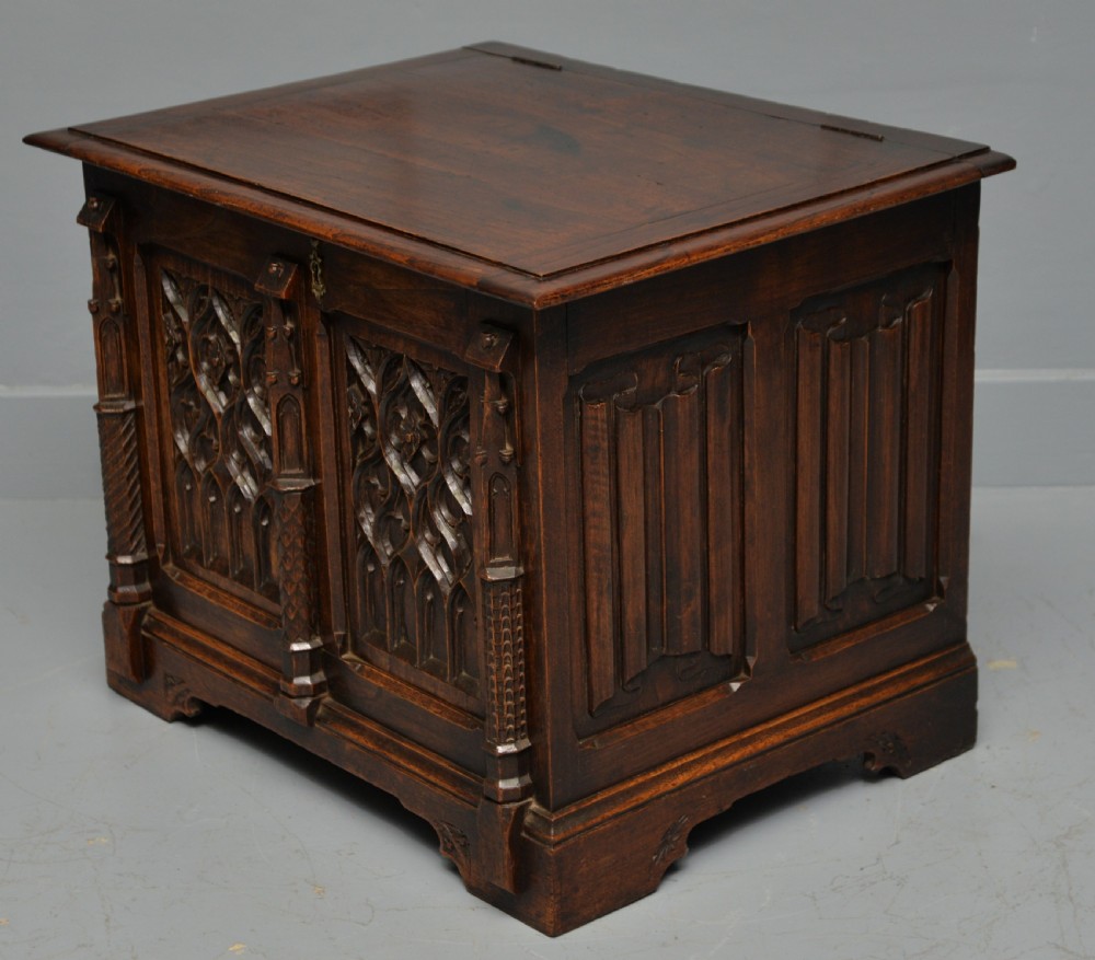 Charming Gothic Revival Carved Oak Chest Box View XI