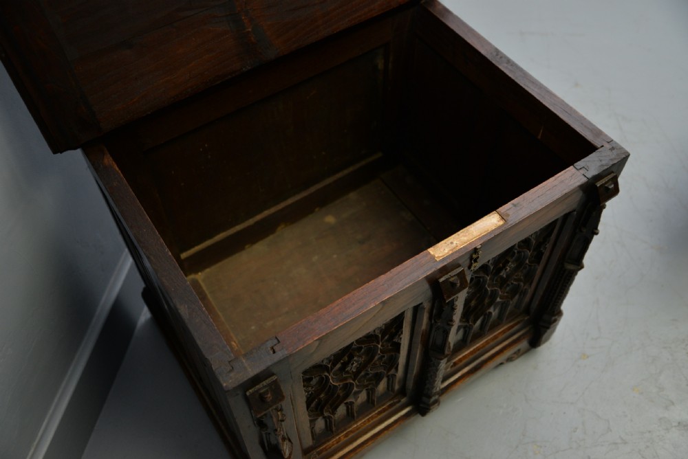 Charming Gothic Revival Carved Oak Chest Box View XIV
