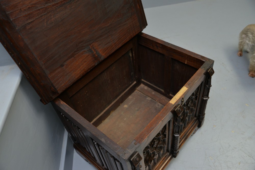Charming Gothic Revival Carved Oak Chest Box View XVI
