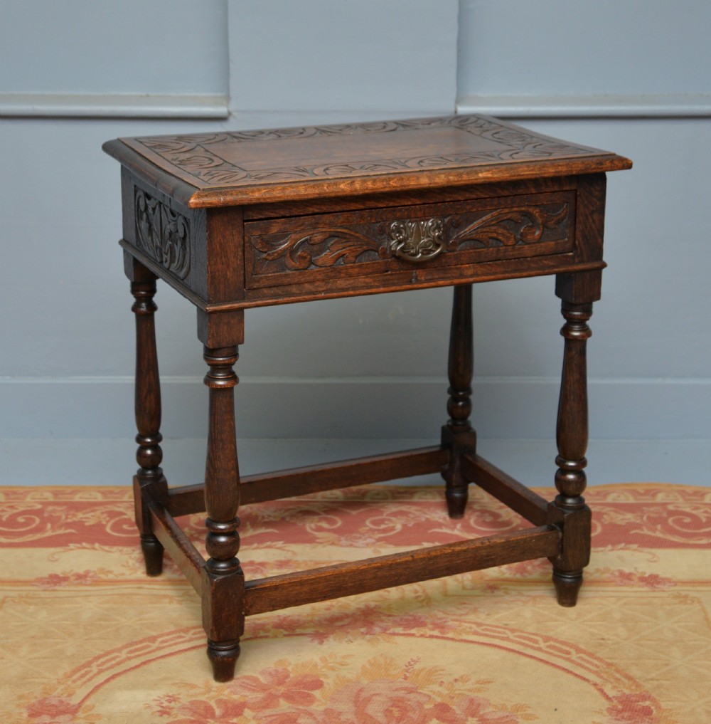 Charming Victorian 17th Century Style Carved Oak Side Table With Drawer