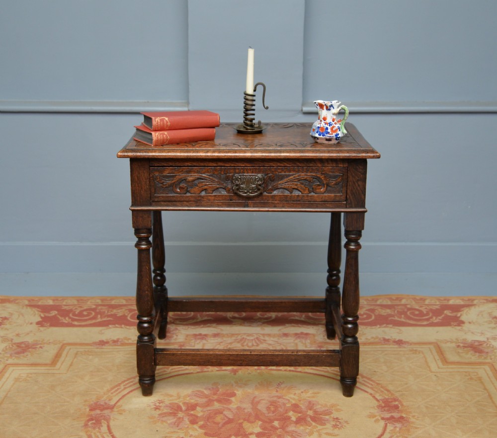 Charming Victorian 17th Century Style Carved Oak Side Table With Drawer View II