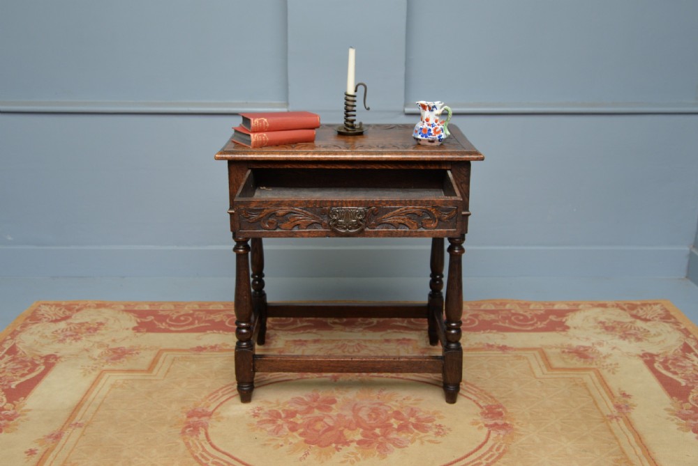 Charming Victorian 17th Century Style Carved Oak Side Table With Drawer View III