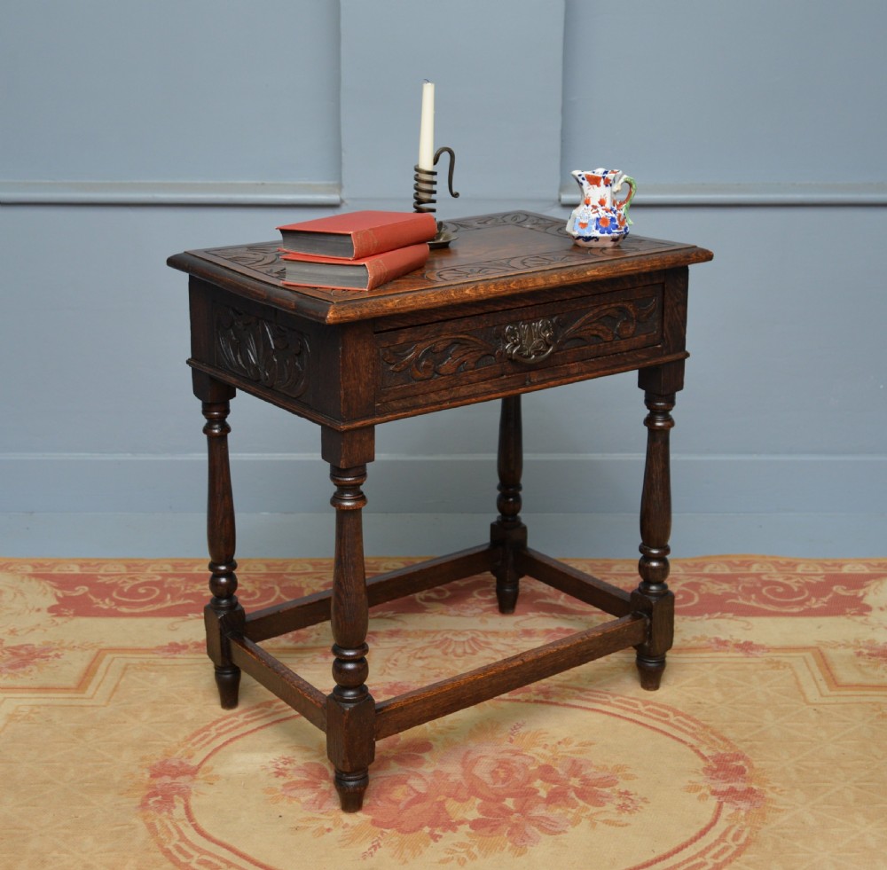 Charming Victorian 17th Century Style Carved Oak Side Table With Drawer View V