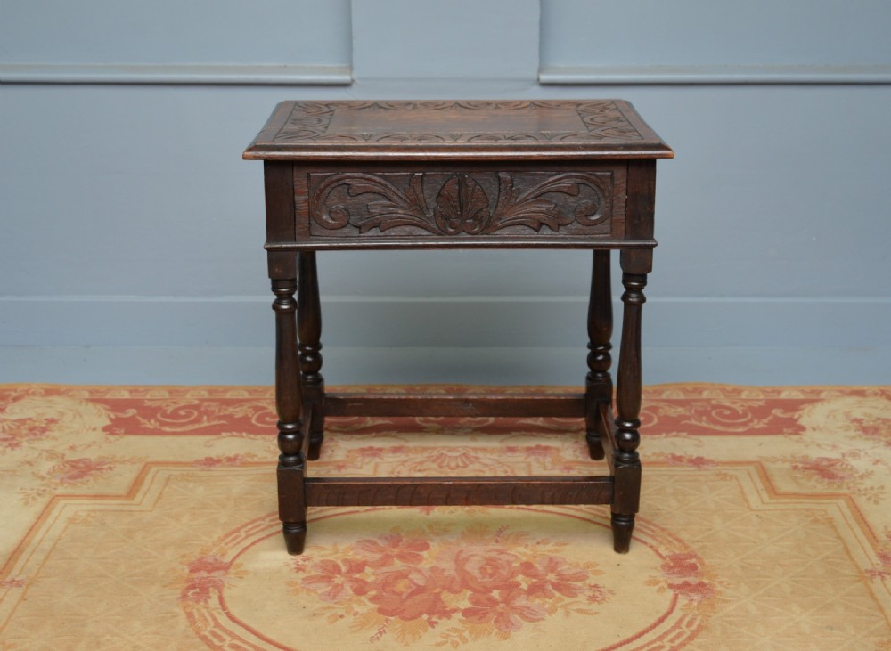 Charming Victorian 17th Century Style Carved Oak Side Table With Drawer View VIII