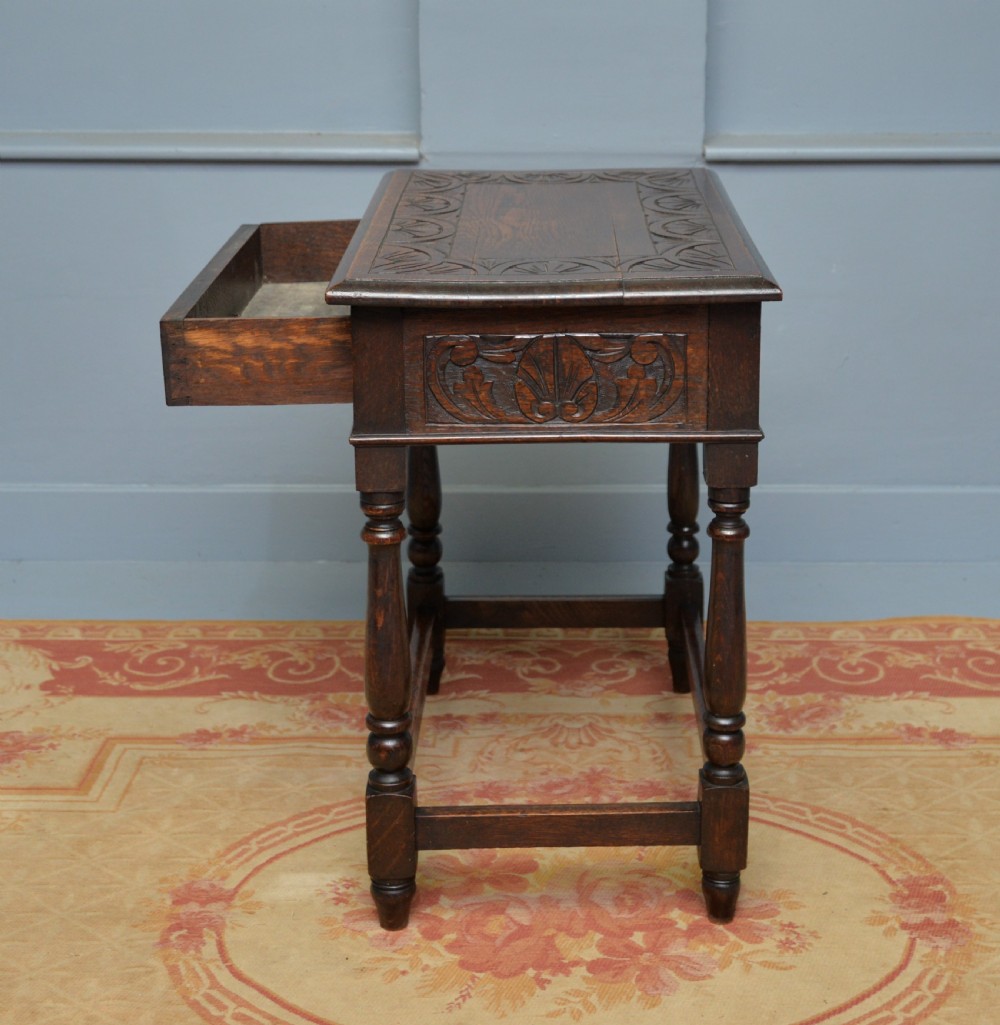 Charming Victorian 17th Century Style Carved Oak Side Table With Drawer View X