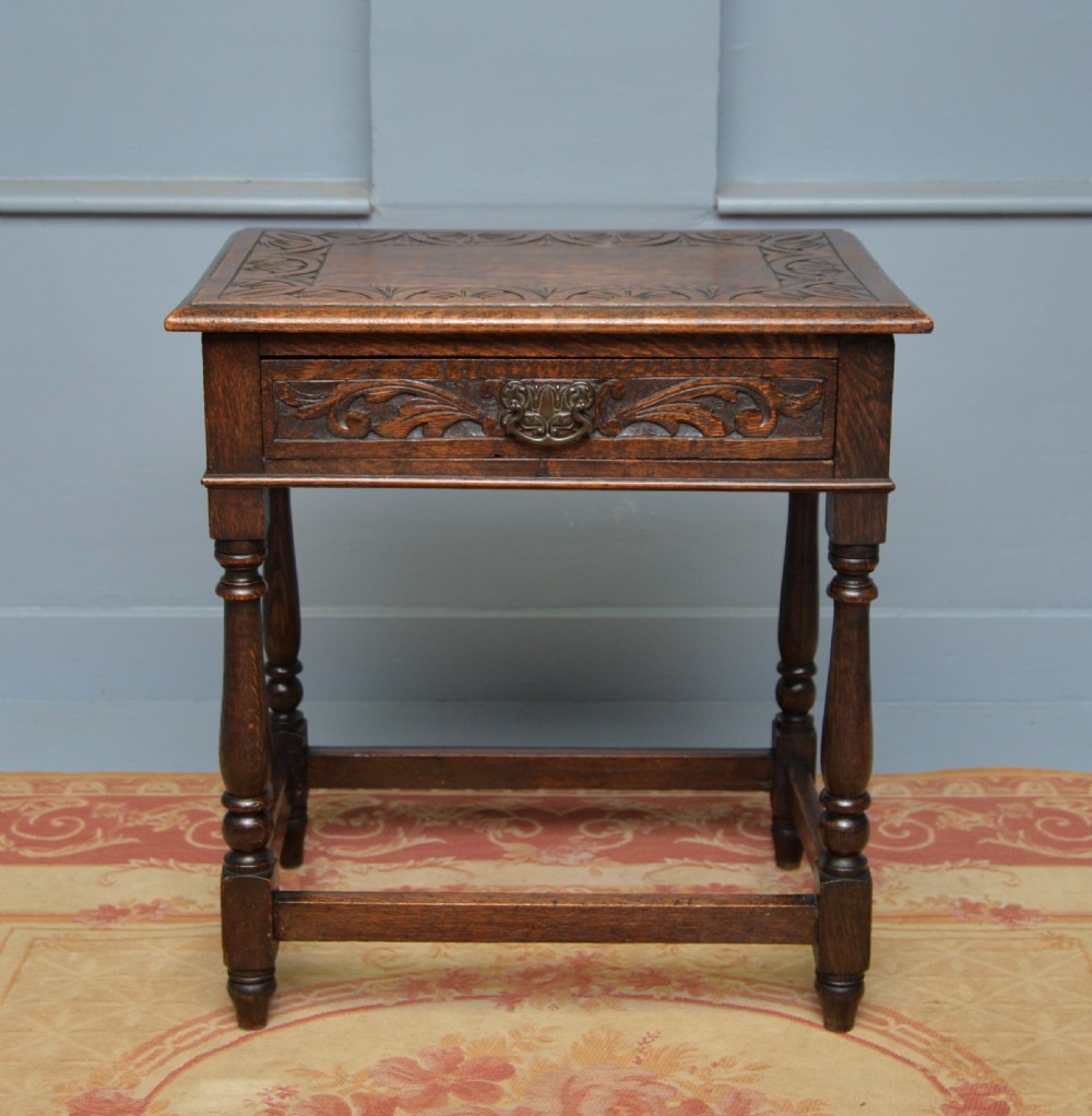 Charming Victorian 17th Century Style Carved Oak Side Table With Drawer View XII