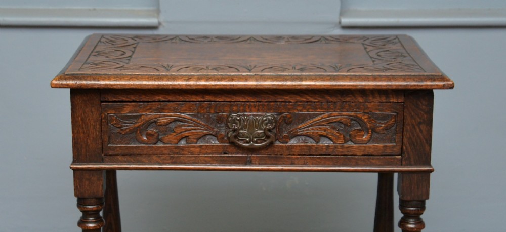 Charming Victorian 17th Century Style Carved Oak Side Table With Drawer View XIII