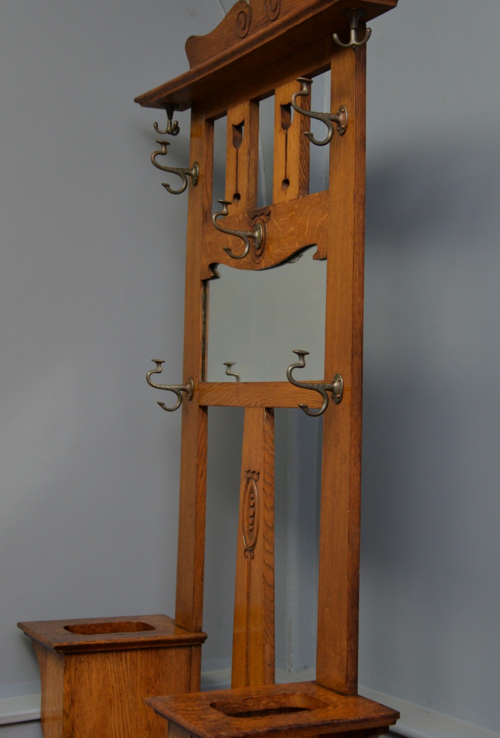 Arts And Crafts Mirrored Oak Coat Hall Stand View X