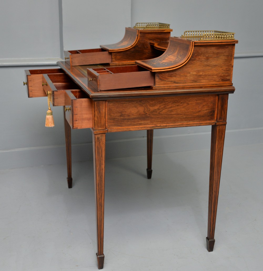  Sheraton Revival Inlaid Rosewood Ladies Writing Table Desk View XII