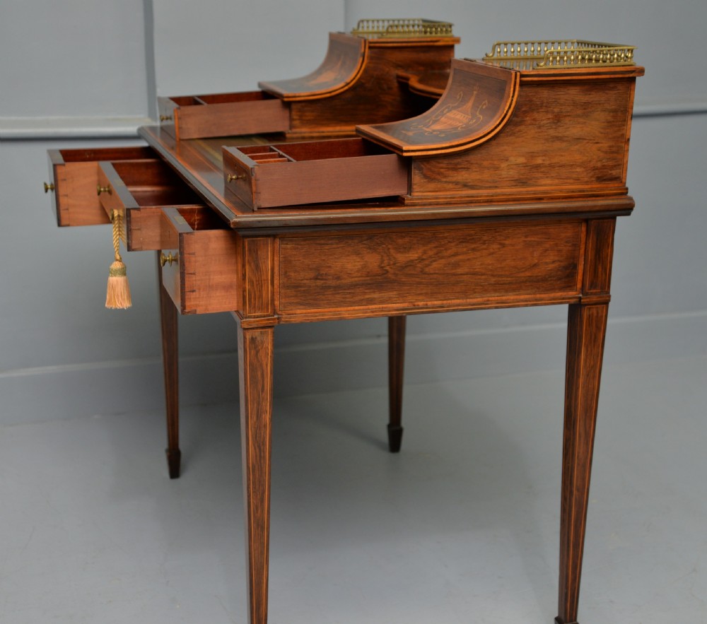  Sheraton Revival Inlaid Rosewood Ladies Writing Table Desk View XIII