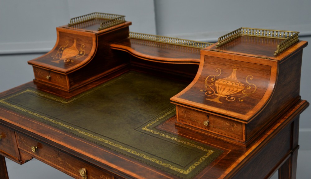  Sheraton Revival Inlaid Rosewood Ladies Writing Table Desk View XXI