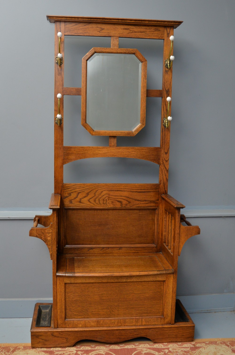 Edwardian Mirrored Oak Coat Hall Stand
