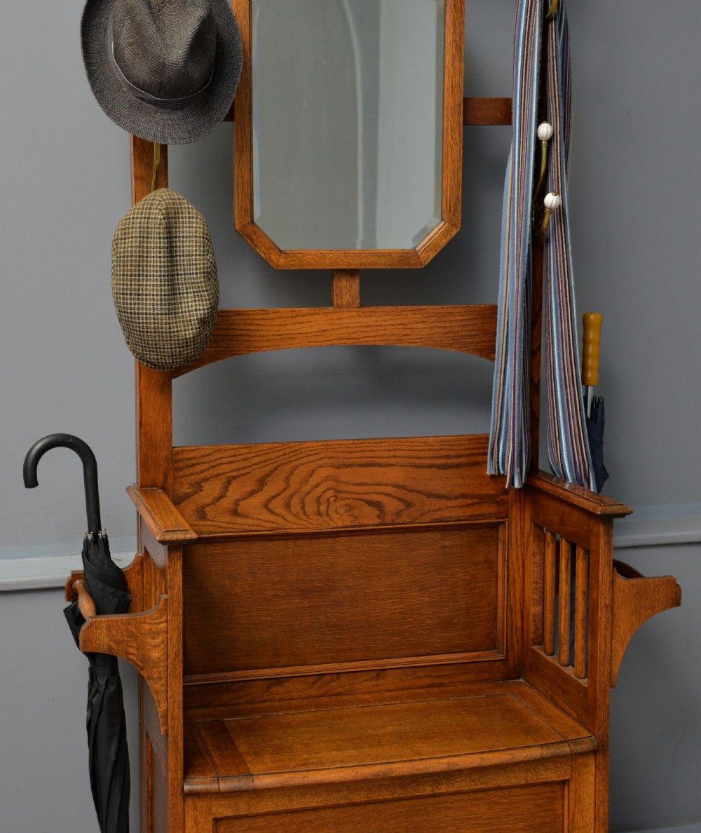 Edwardian Mirrored Oak Coat Hall Stand View V