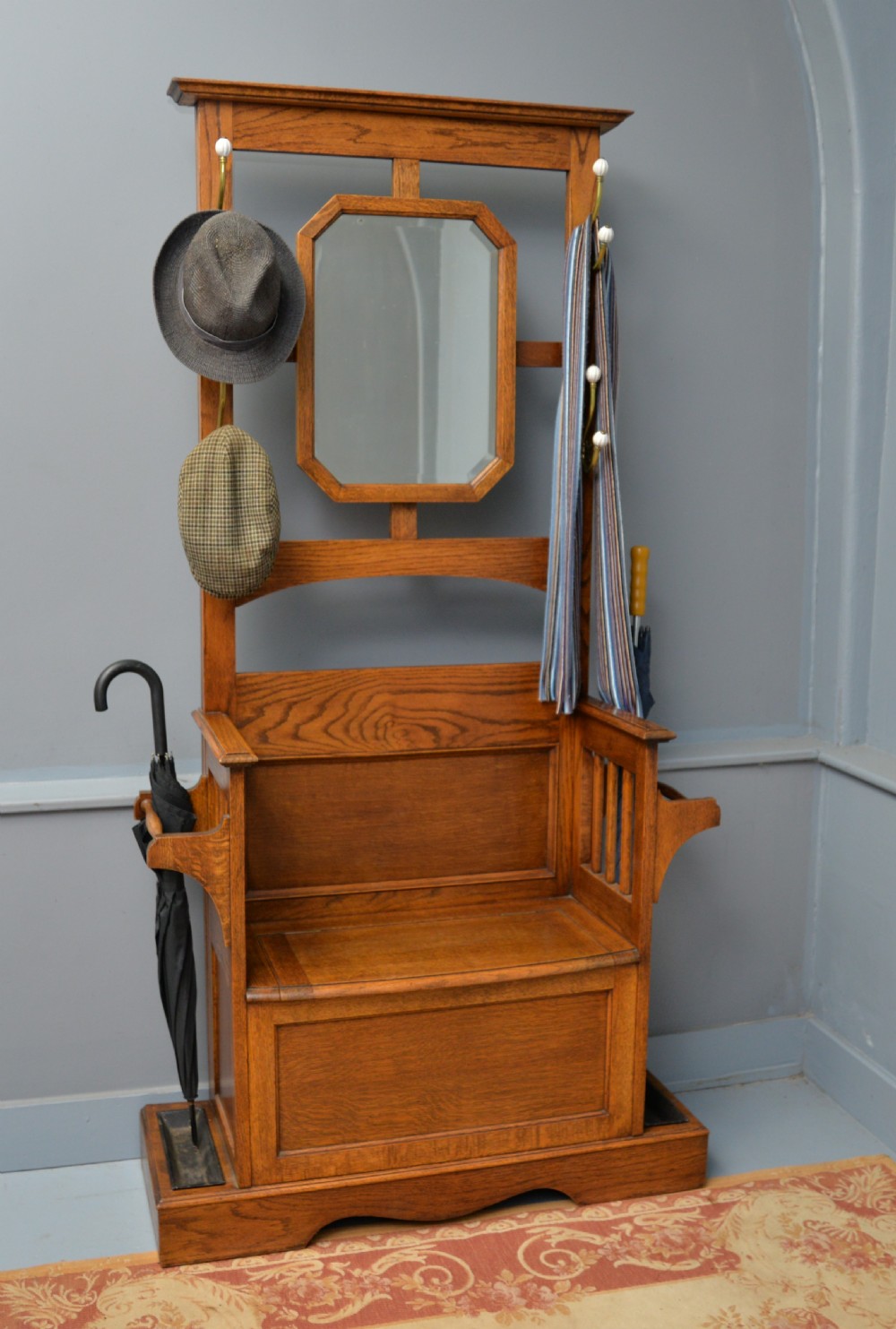 Edwardian Mirrored Oak Coat Hall Stand View VII