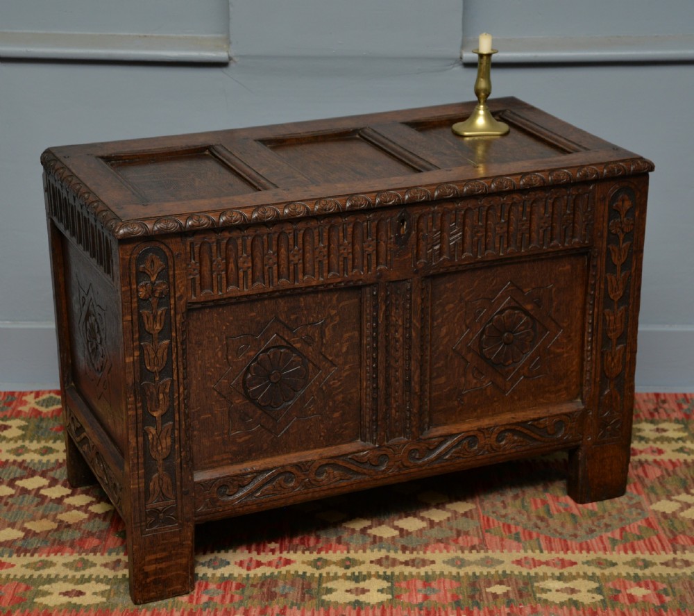 Charming Early 18th Century Carved Oak Coffer Chest