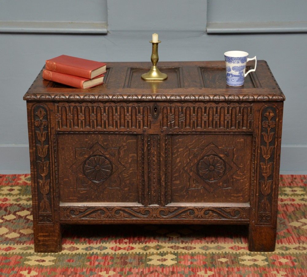 Charming Early 18th Century Carved Oak Coffer Chest View II