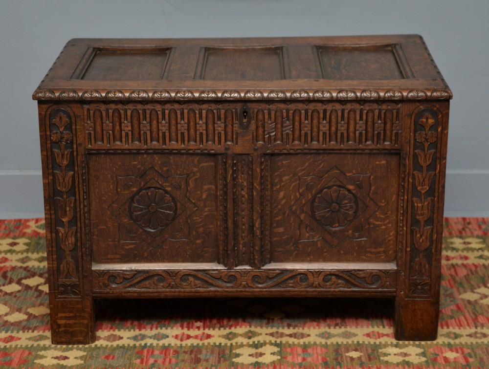 Charming Early 18th Century Carved Oak Coffer Chest View III