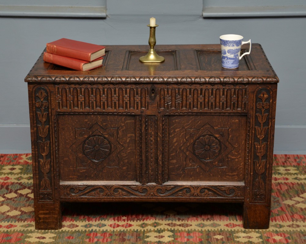 Charming Early 18th Century Carved Oak Coffer Chest View IV