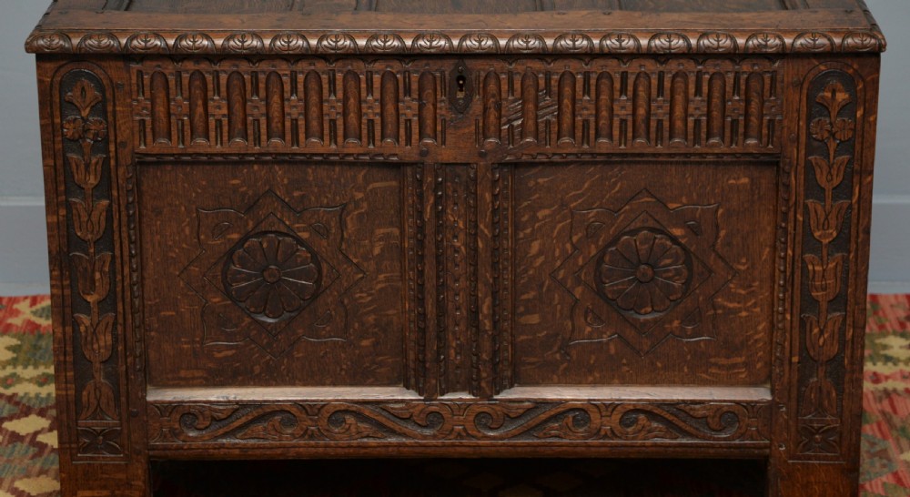 Charming Early 18th Century Carved Oak Coffer Chest View V