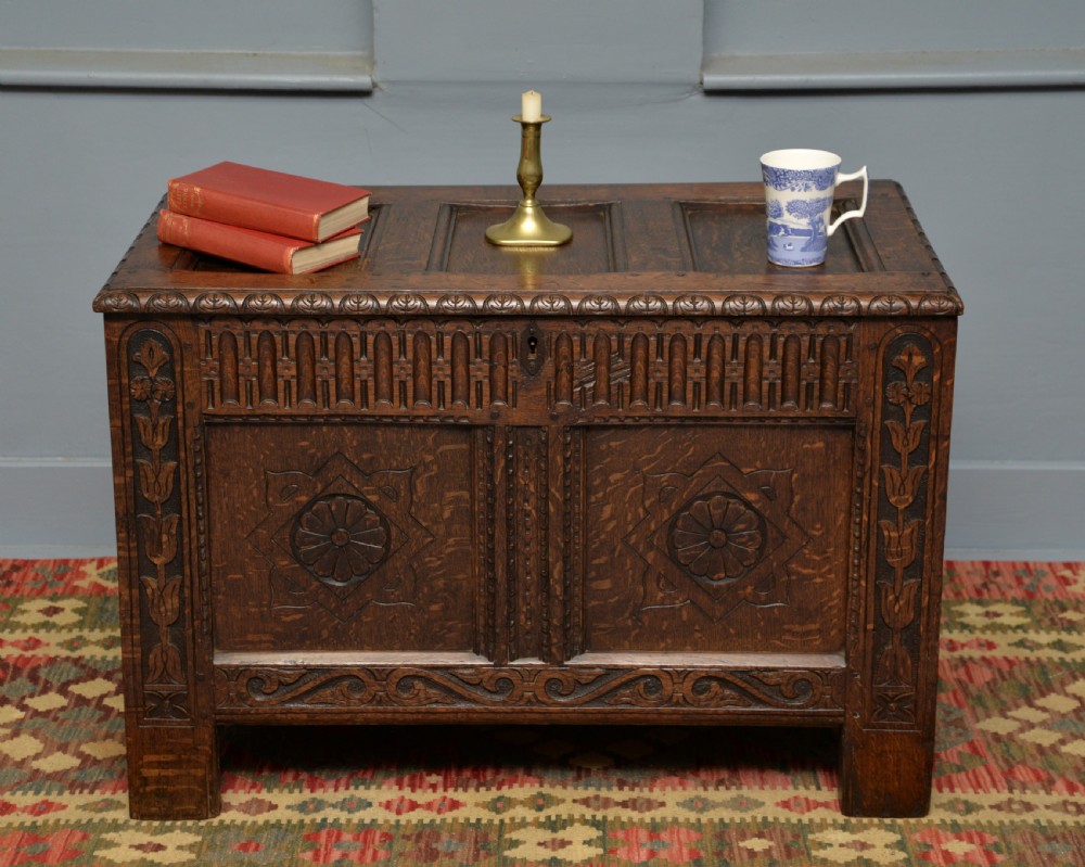 Charming Early 18th Century Carved Oak Coffer Chest View VI