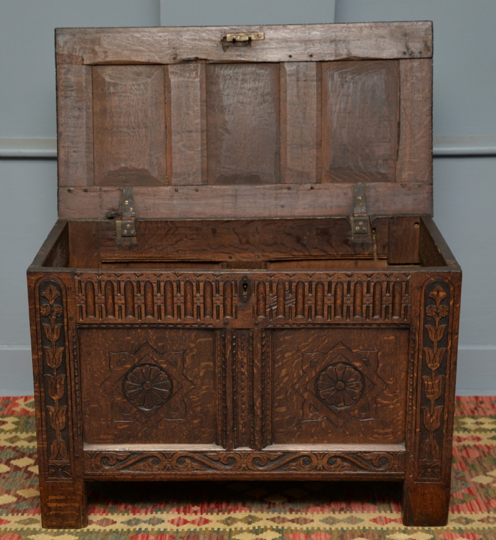 Charming Early 18th Century Carved Oak Coffer Chest View VII