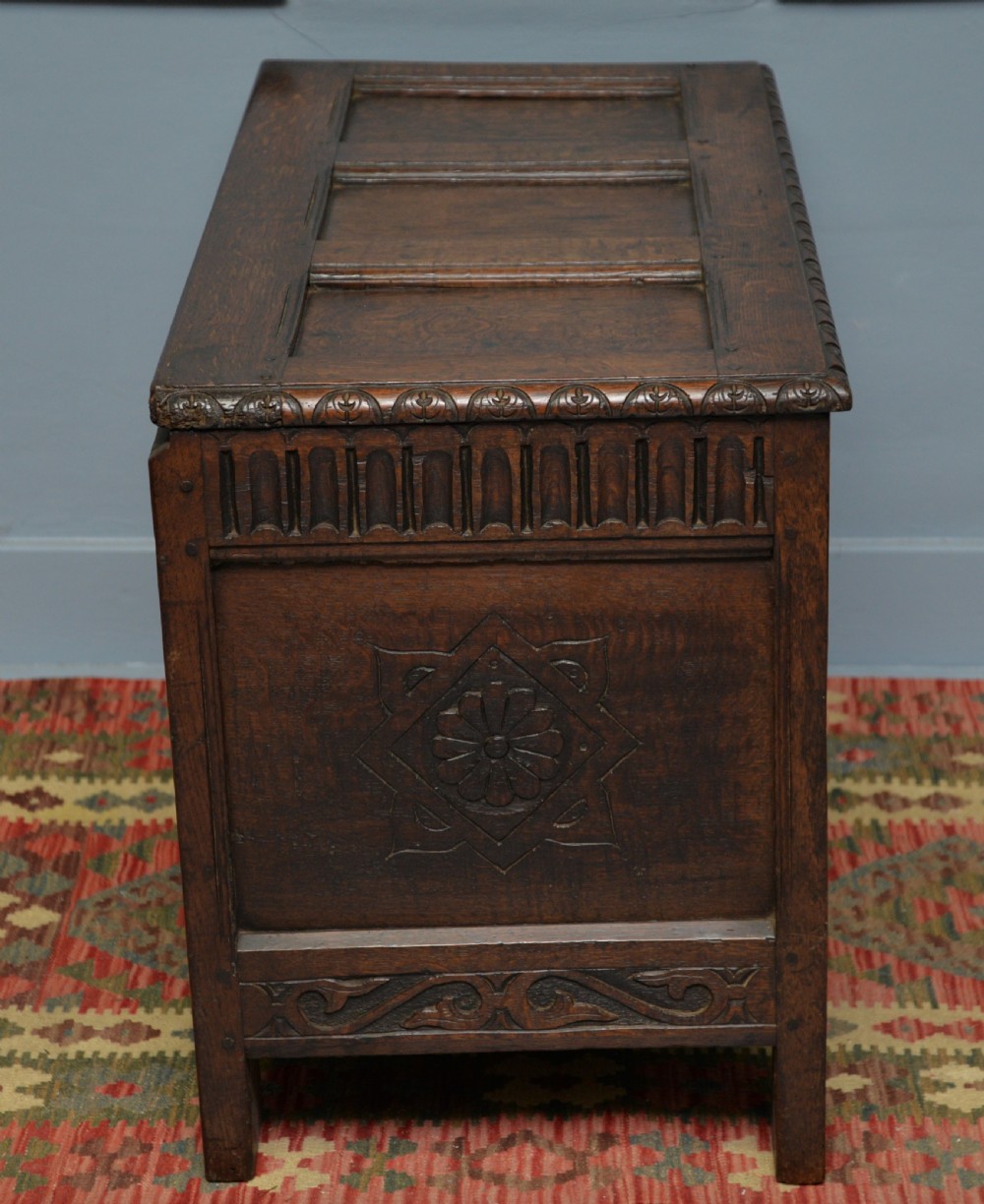 Charming Early 18th Century Carved Oak Coffer Chest View VIII