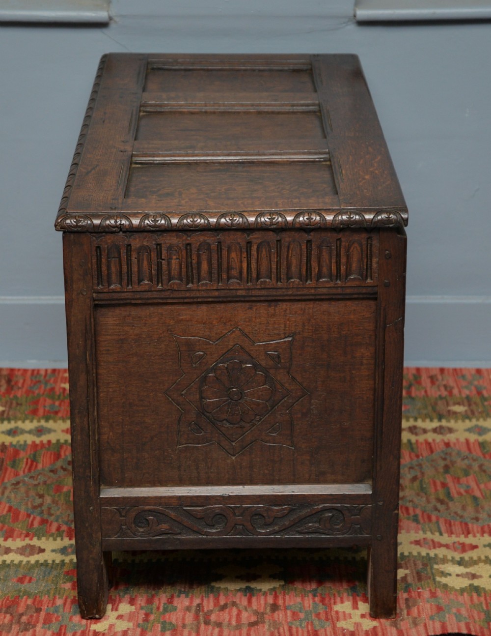 Charming Early 18th Century Carved Oak Coffer Chest View X