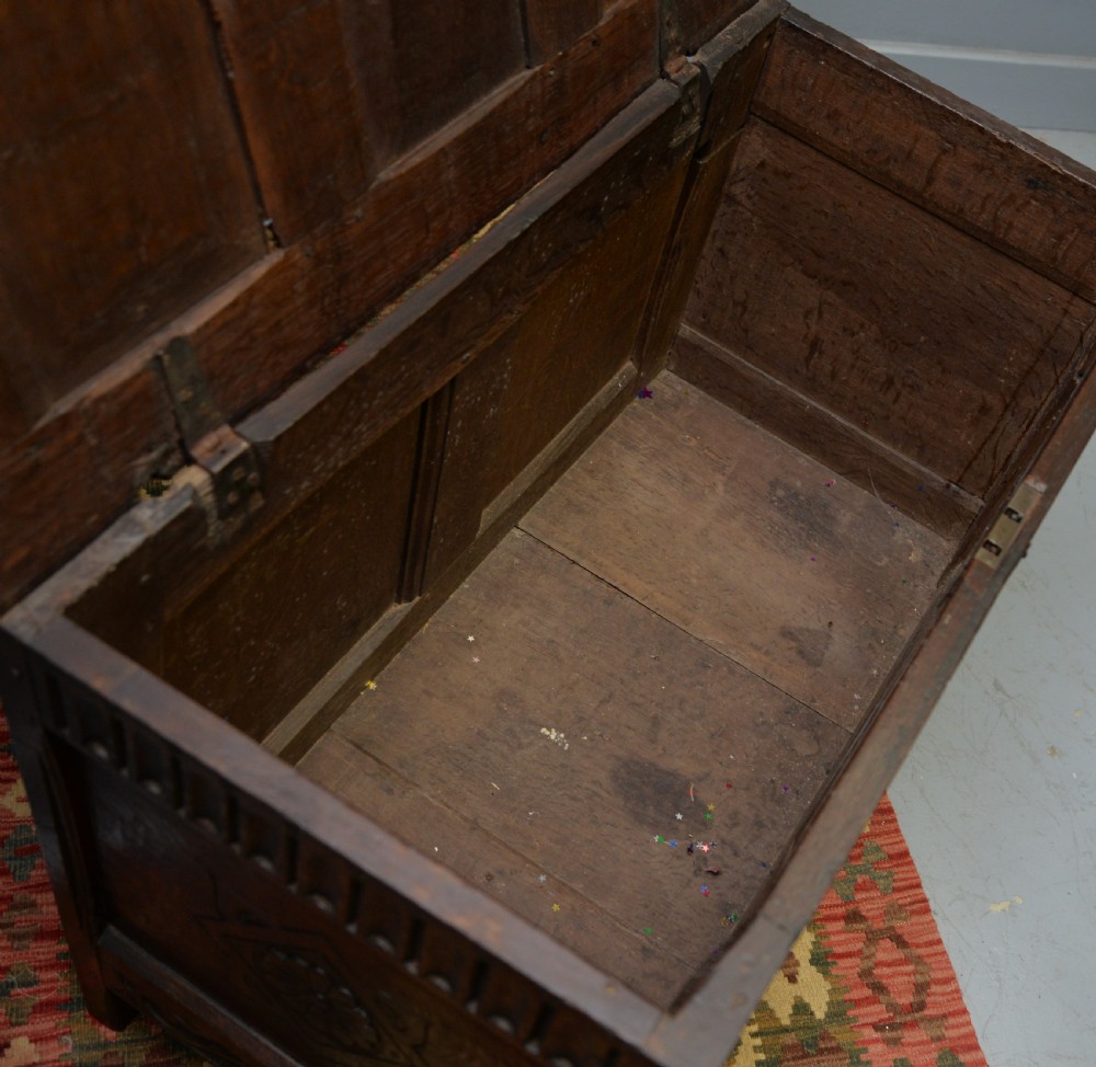 Charming Early 18th Century Carved Oak Coffer Chest View XI