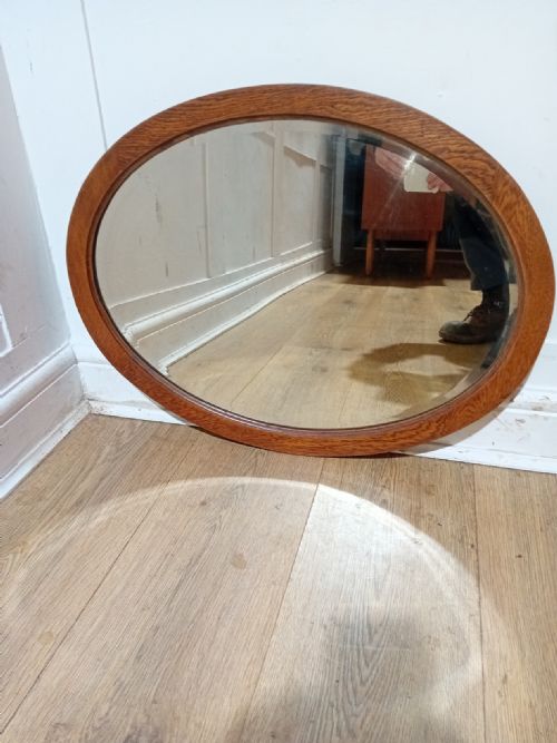 ANTIQUE OAK ARTS CRAFTS OVAL BEVEL EDGE MIRROR C190010 - ADDITIONAL PHOTO 3