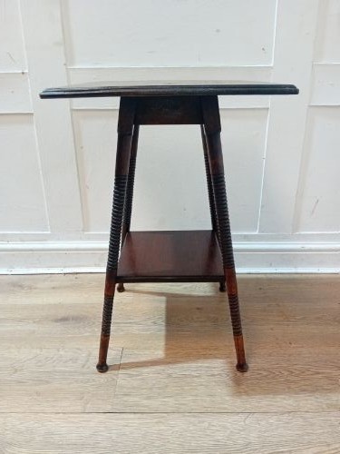 An antique dark wood Arts and Crafts side table featuring turned legs, a square top, and a lower tier shelf. View VI