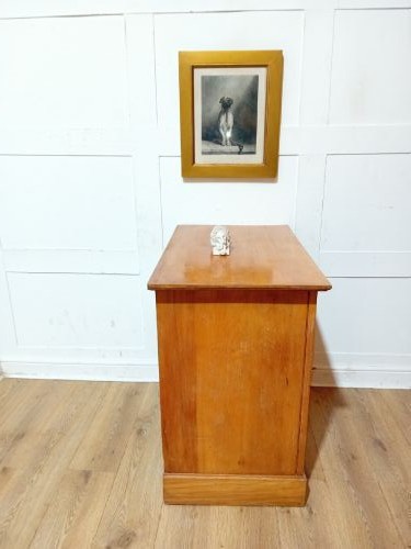 A late nineteenth-century satinwood chest of drawers with three full-width drawers and dark metal drop handles. View XI