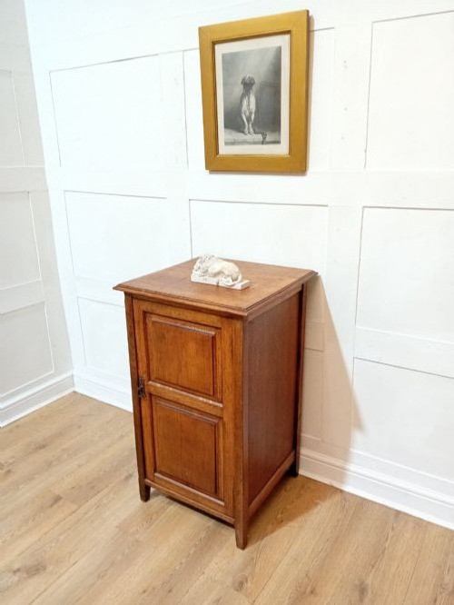 A warm brown Arts and Crafts oak hall cupboard with a two-panel door and a moulded flat top. View IX