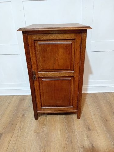 A warm brown Arts and Crafts oak hall cupboard with a two-panel door and a moulded flat top. View XI
