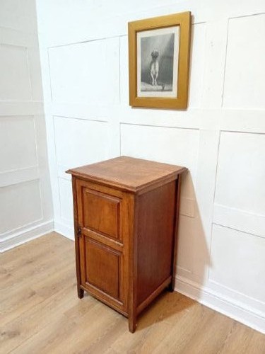A warm brown Arts and Crafts oak hall cupboard with a two-panel door and a moulded flat top. View II
