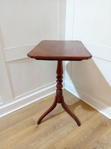 A Georgian oak wine table featuring a rectangular top with canted corners supported by a turned central pedestal and tripod base. View VII