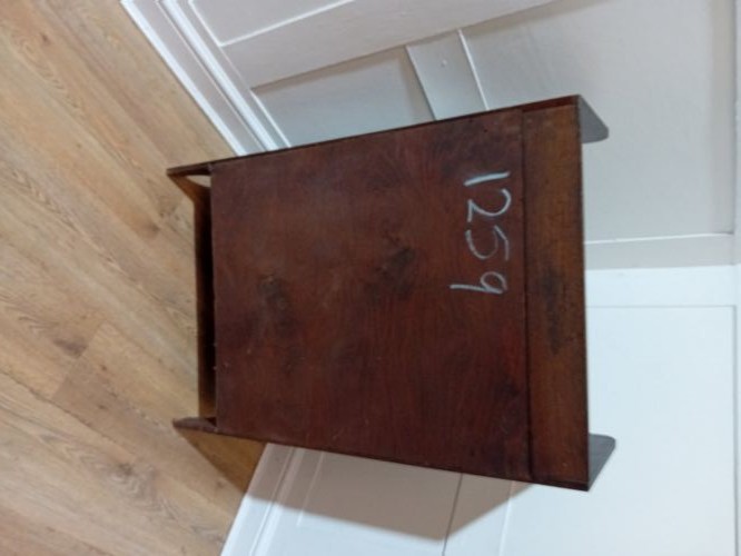 A dark oak Arts and Crafts dwarf glazed cabinet featuring twin leaded glass doors and a gallery top upstand. View XIII