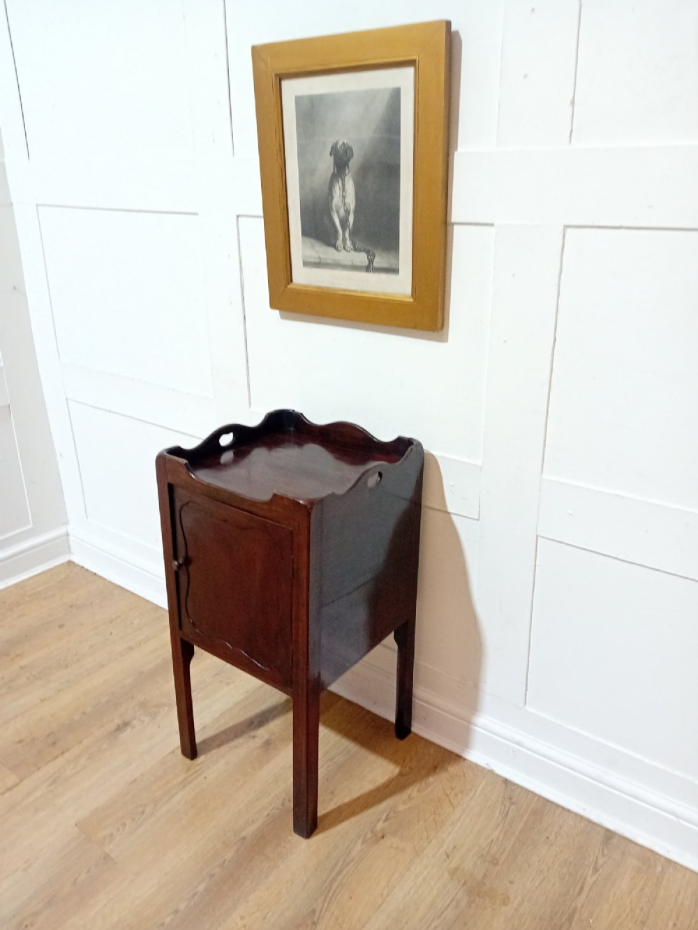 An 18th-century Georgian dark mahogany bedside cabinet featuring a galleried tray top with cut-out handles and a single panelled cupboard door resting on square legs. View II