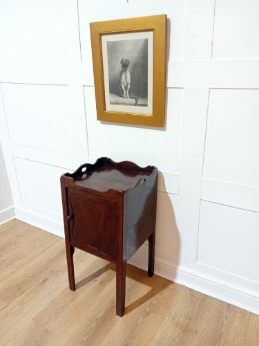 An 18th-century Georgian dark mahogany bedside cabinet featuring a galleried tray top with cut-out handles and a single panelled cupboard door resting on square legs.