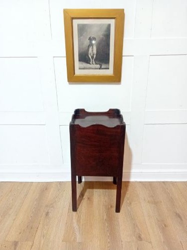 An 18th-century Georgian dark mahogany bedside cabinet featuring a galleried tray top with cut-out handles and a single panelled cupboard door resting on square legs. View VII